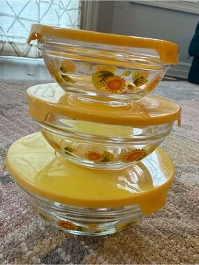 Vintage 3 piece Flower Duet glass nesting bowls.70’s,cottagecore,farm country
